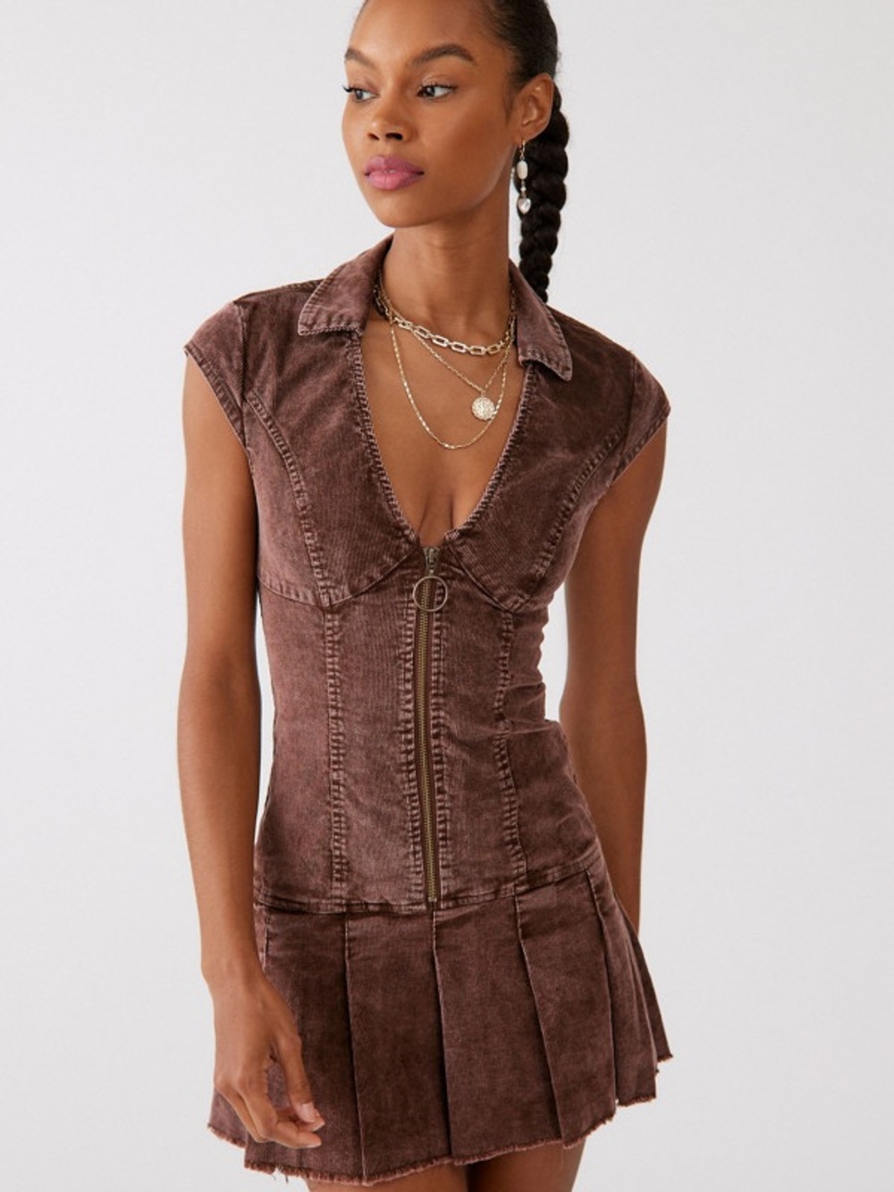 Urban Outfitters Brown Zip-Front Cap Sleeve Top with Collared V-Neck